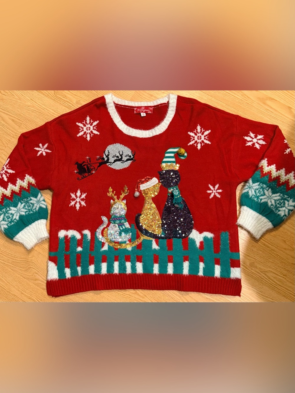 33 Degrees 1X Sequin Cats Ugly Christmas Sweater Santa Sleigh Holiday Metallic